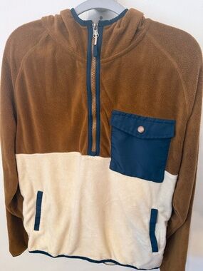 Men's Zip-Up Fleece Colorblock Pullover - Brown & Cream